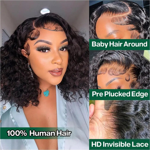 Deep Wave Bob 100 % Cheveux Humains – Lace Front Invisible Noir Naturel