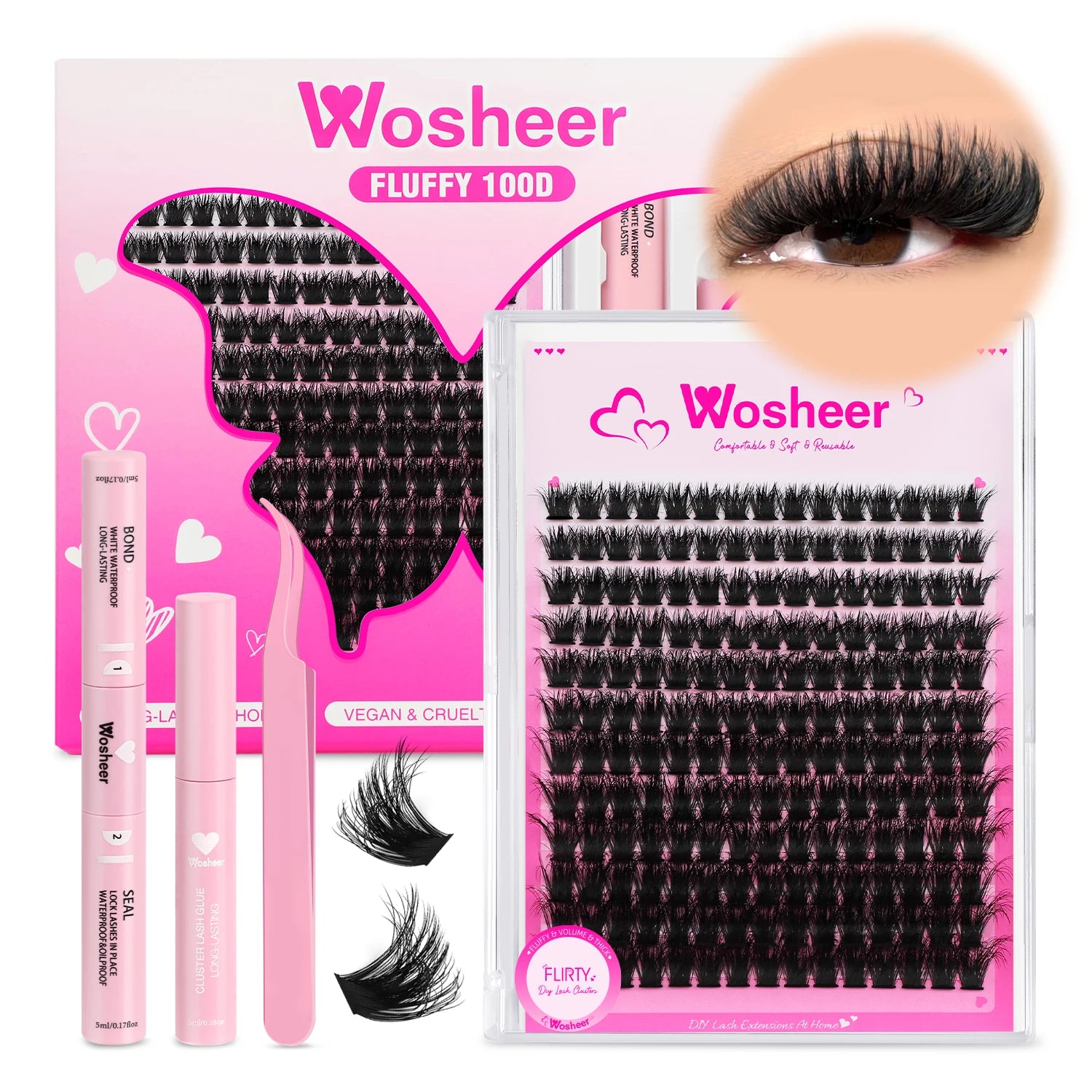 Kit d’Extension de Cils WOSHEER – Clusters Épais 100D Fluffy, Cils Individuels Wispy 8-18 mm, Faux Cils Professionnels DIY à Domicile