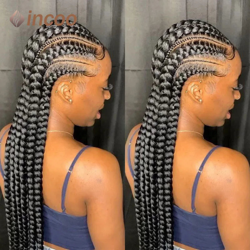 Incoo 36" Full Lace Braided Wig for Black Women – Jumbo Knotless Box Braids, Cornrow Style, African Synthetic Hair Wig