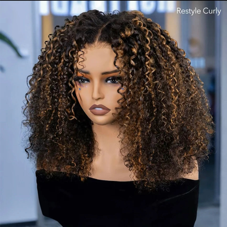 perruque Lace 6x5 Glueless 10A – Cheveux Courts Kinky Curly Colorés, Ombre Marron avec Mèches Blondes, Prête à Porter