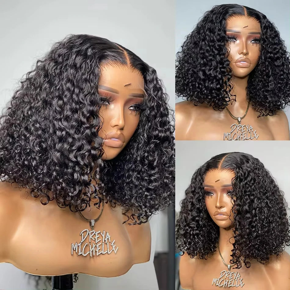 Deep Wave Bob Wig Human Hair Lace Front Wigs For Black Women Human Hair  Invisible Lace Wigs 200 Density 13x4 #1B Natural Black