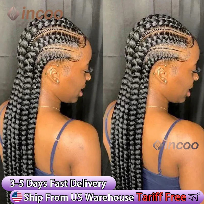 Incoo 36" Full Lace Braided Wig for Black Women – Jumbo Knotless Box Braids, Cornrow Style, African Synthetic Hair Wig