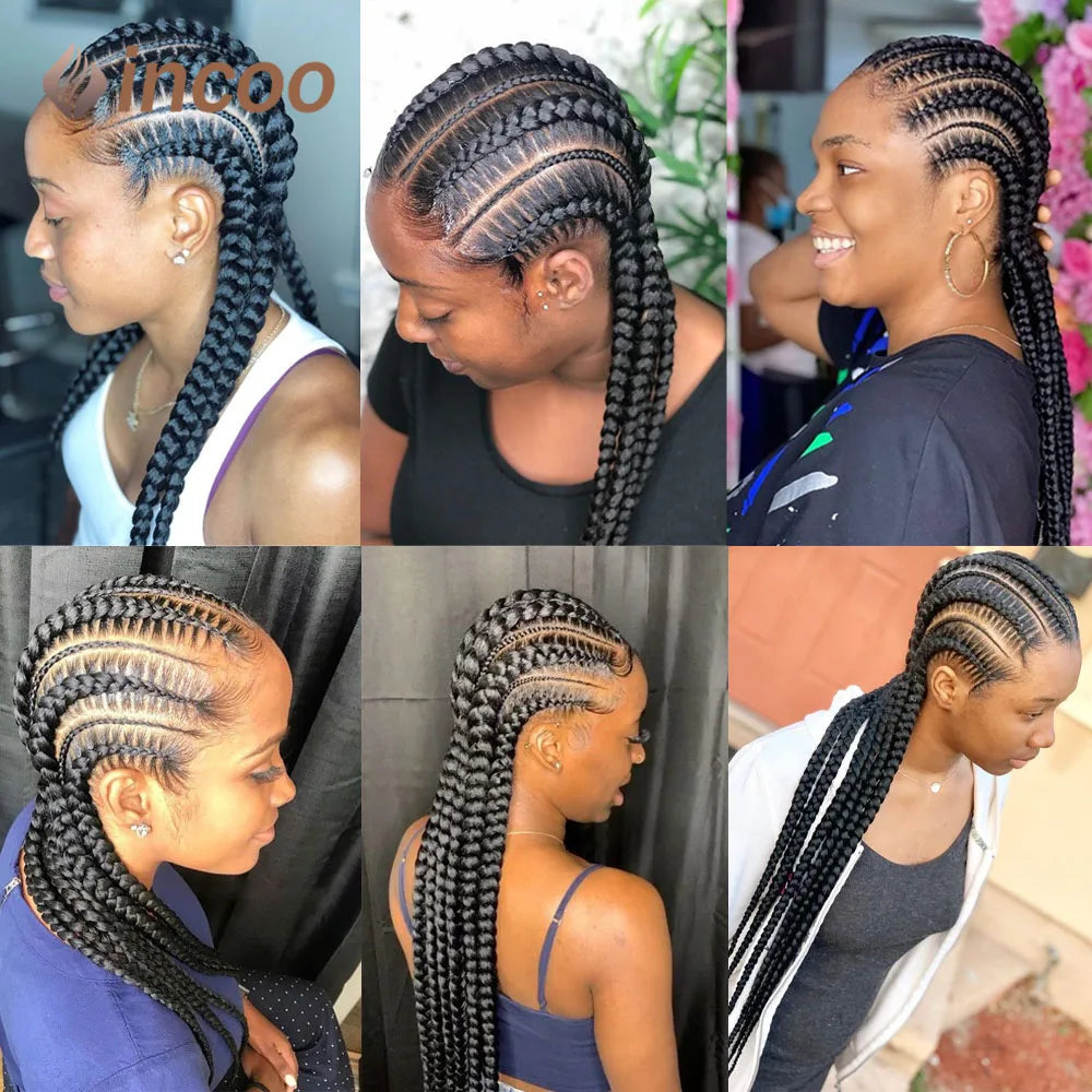 Incoo 36" Full Lace Braided Wig for Black Women – Jumbo Knotless Box Braids, Cornrow Style, African Synthetic Hair Wig