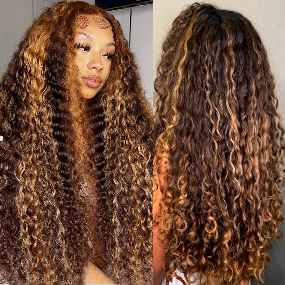 30 Inch Honey Brown Curly Lace Front Human Hair Wig – 250% Density, 13x6 & 13x4 Ombre Highlight, Deep Wave Lace Frontal Wig