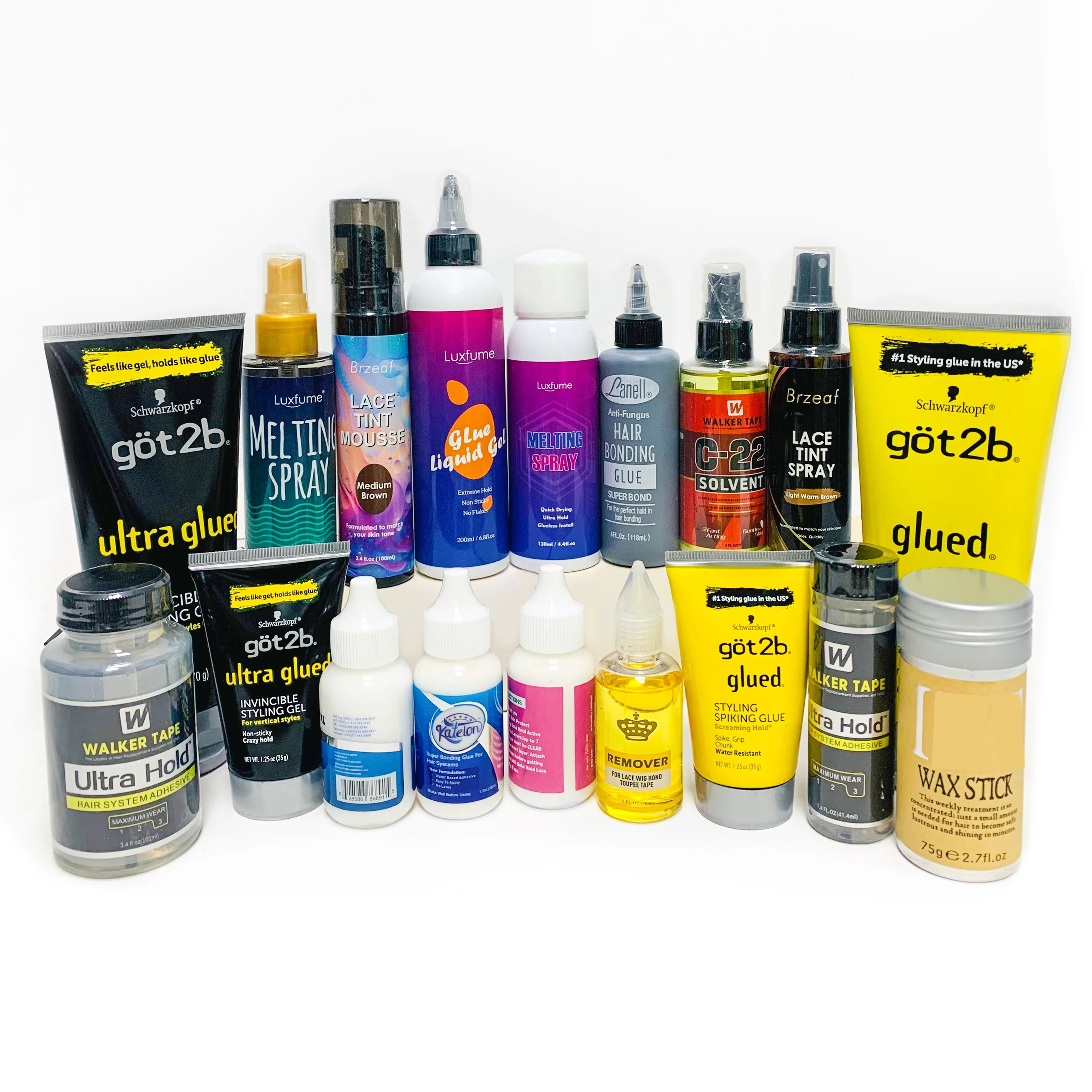 Kit Installation Perruque Professionnel – Colle Lace Wig Forte Tenue, Dissolvant, Stick de Cire, Ruban Walker Tape Ultra Hold, Spray Got2b pour Extensions et Perruques