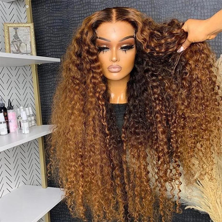 30 Inch Honey Brown Curly Lace Front Human Hair Wig – 250% Density, 13x6 & 13x4 Ombre Highlight, Deep Wave Lace Frontal Wig