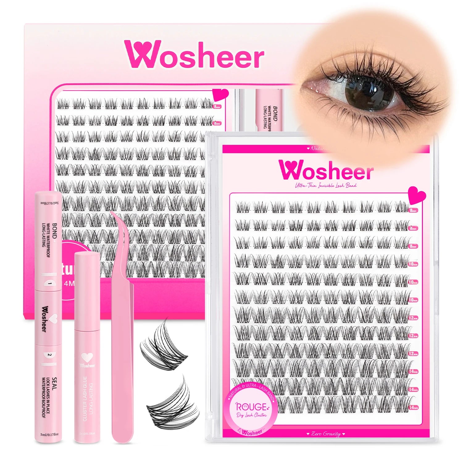 Kit d’Extension de Cils WOSHEER – Clusters Épais 100D Fluffy, Cils Individuels Wispy 8-18 mm, Faux Cils Professionnels DIY à Domicile