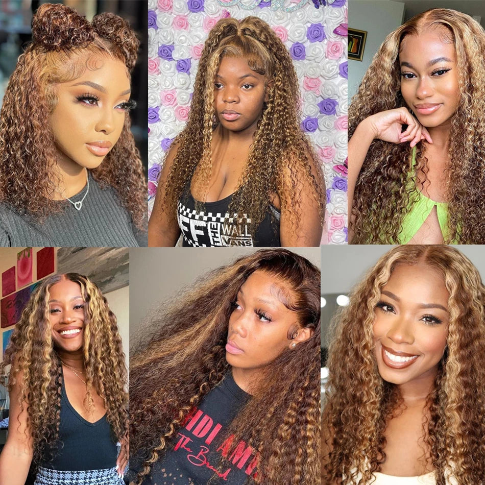 30 Inch Honey Brown Curly Lace Front Human Hair Wig – 250% Density, 13x6 & 13x4 Ombre Highlight, Deep Wave Lace Frontal Wig