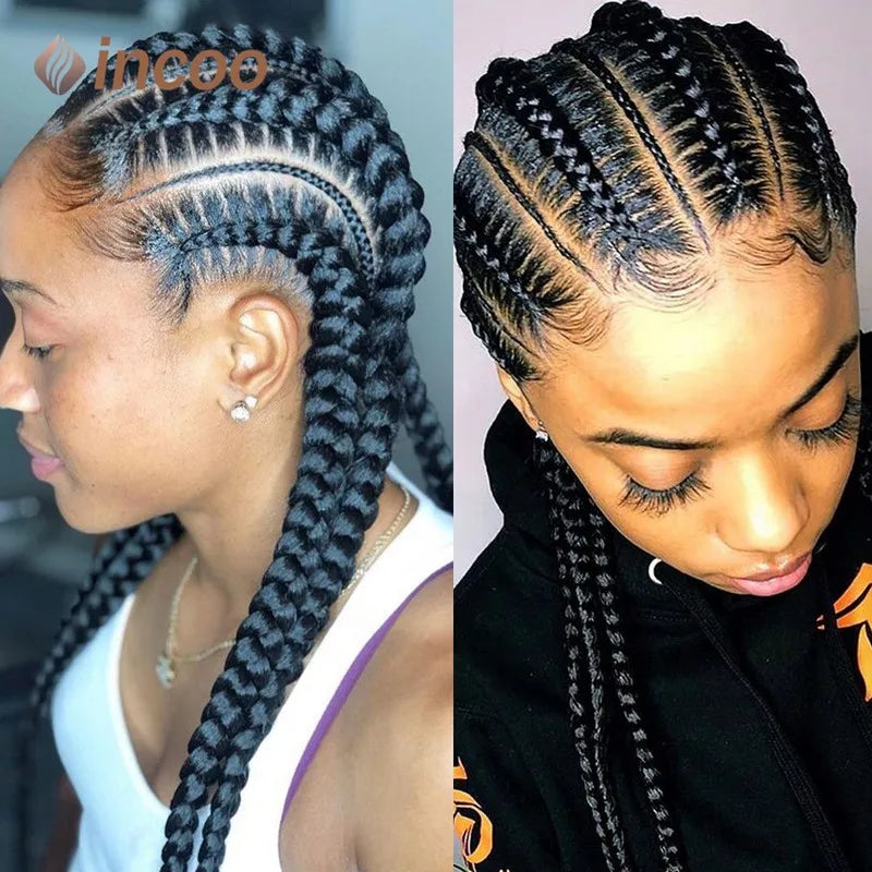 Incoo 36" Full Lace Braided Wig for Black Women – Jumbo Knotless Box Braids, Cornrow Style, African Synthetic Hair Wig
