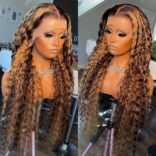 30 Inch Honey Brown Curly Lace Front Human Hair Wig – 250% Density, 13x6 & 13x4 Ombre Highlight, Deep Wave Lace Frontal Wig