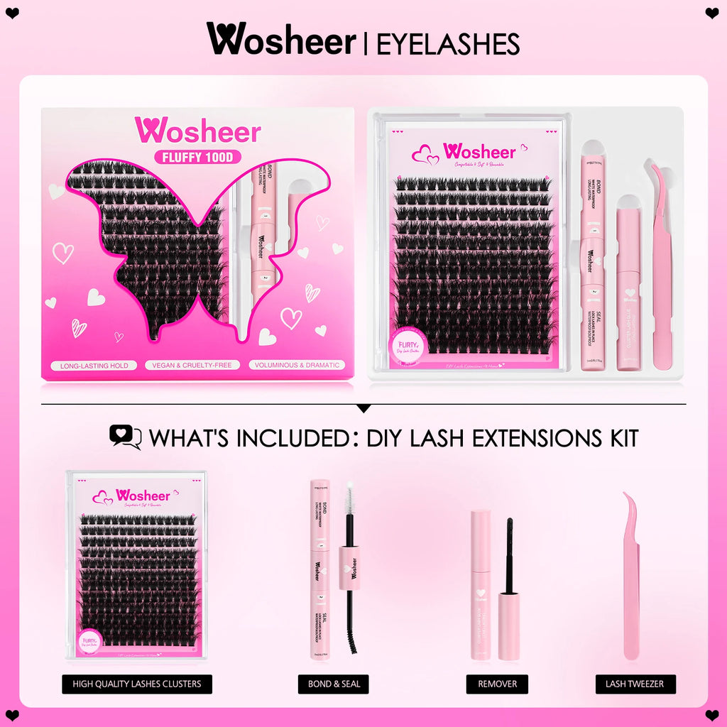 Kit d’Extension de Cils WOSHEER – Clusters Épais 100D Fluffy, Cils Individuels Wispy 8-18 mm, Faux Cils Professionnels DIY à Domicile