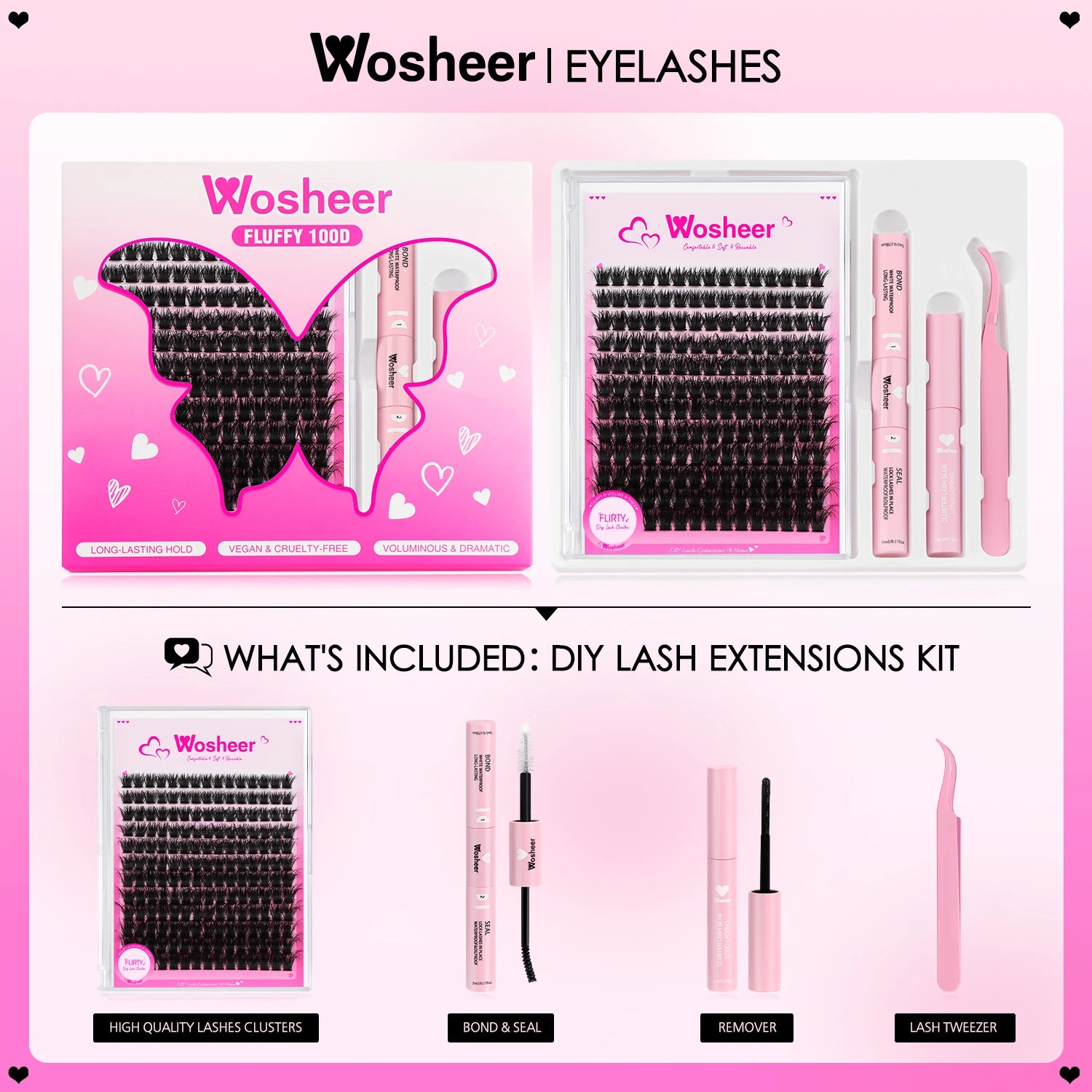 Kit d’Extension de Cils WOSHEER – Clusters Épais 100D Fluffy, Cils Individuels Wispy 8-18 mm, Faux Cils Professionnels DIY à Domicile